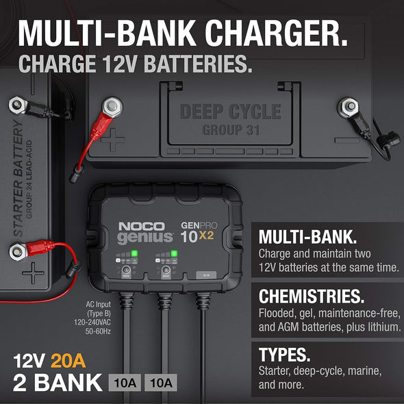 NOCO GENPRO 10X2 20A 2-BANK LITHIUM BATTERY SMART CHARGER